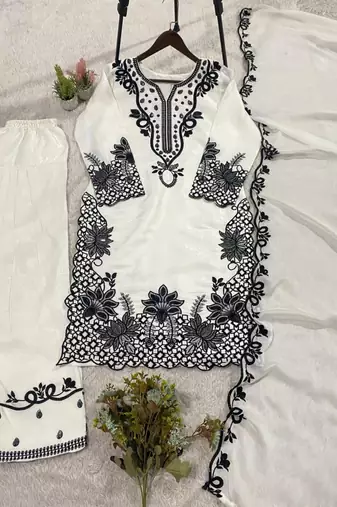 White silk blend embroidered farshi salwar set