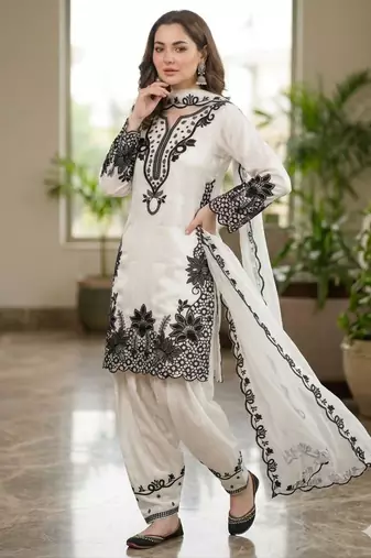 White silk blend embroidered farshi salwar set