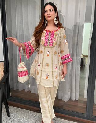 Cream silk blend embroidered palazzo set 1