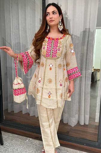 Cream silk blend embroidered palazzo set