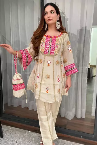 Cream silk blend embroidered palazzo set