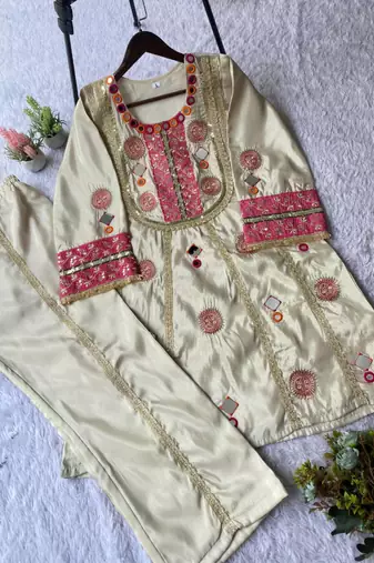 Cream silk blend embroidered palazzo set