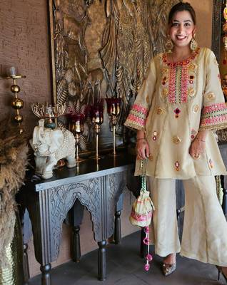 Cream silk blend embroidered palazzo set 3