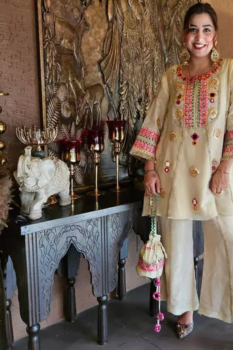Cream silk blend embroidered palazzo set
