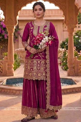 Purple silk blend embroidered palazzo set