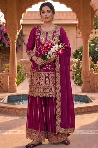 Purple silk blend embroidered palazzo set