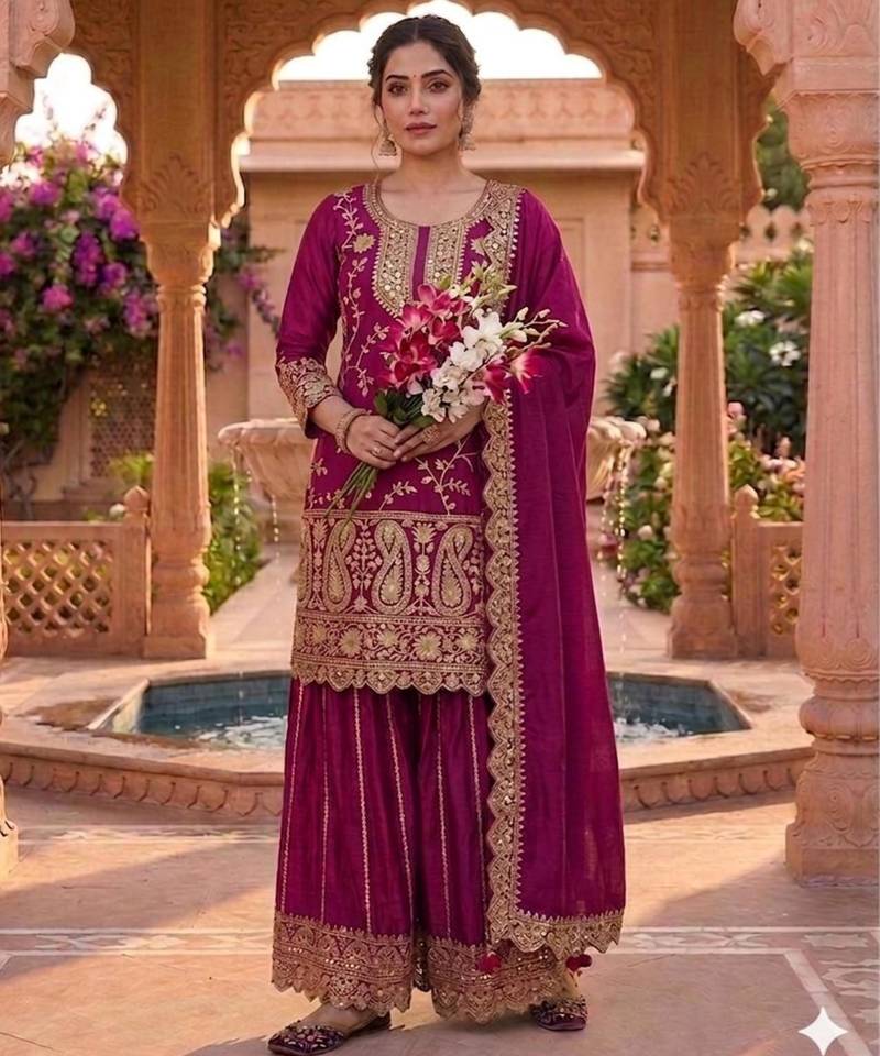 Purple silk blend embroidered palazzo set
