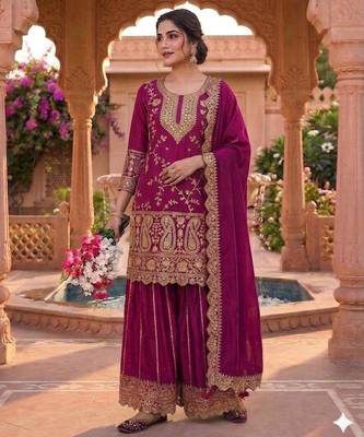 Purple silk blend embroidered palazzo set 2