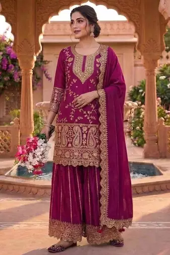 Purple silk blend embroidered palazzo set
