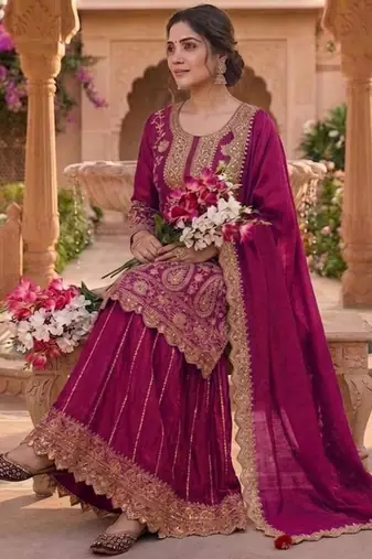 Purple silk blend embroidered palazzo set
