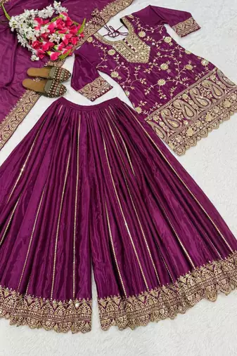 Purple silk blend embroidered palazzo set