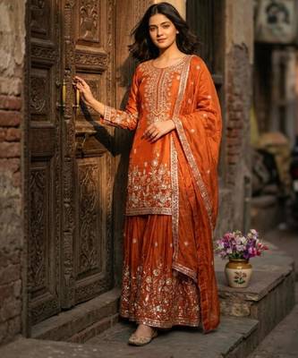 Orange silk blend embroidered sharara set 1