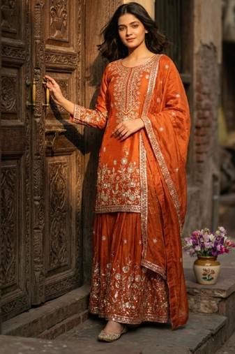 Orange silk blend embroidered sharara set