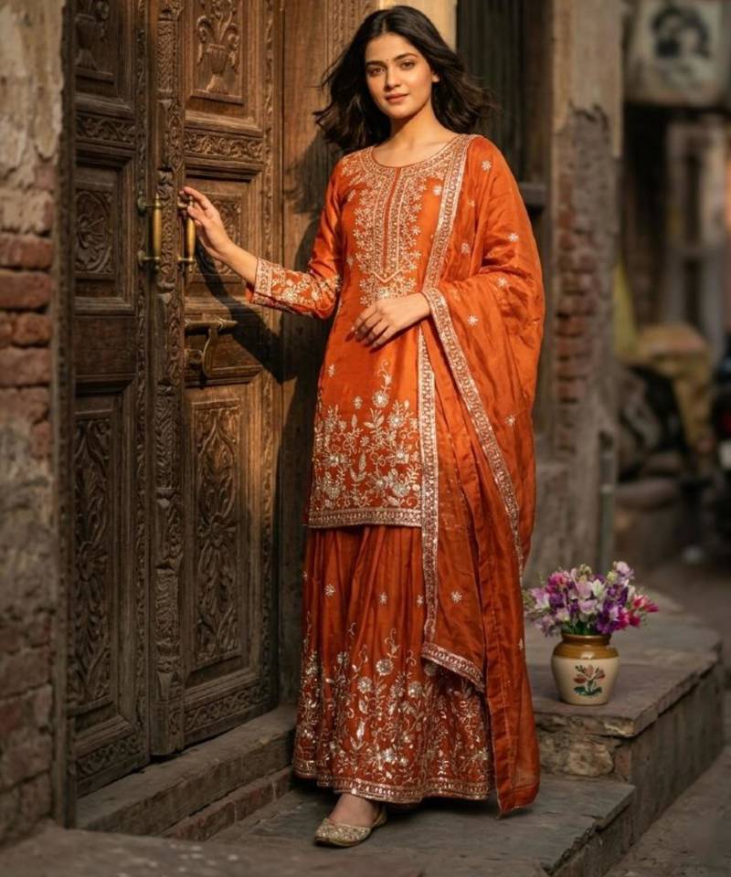 Orange silk blend embroidered sharara set