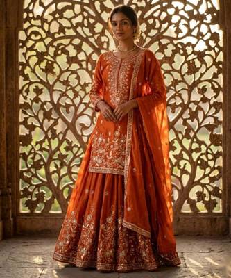 Orange silk blend embroidered sharara set 2