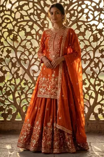 Orange silk blend embroidered sharara set