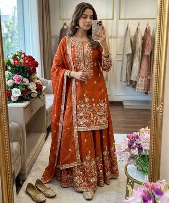 Orange silk blend embroidered sharara set 3