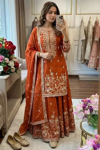 Orange silk blend embroidered sharara set