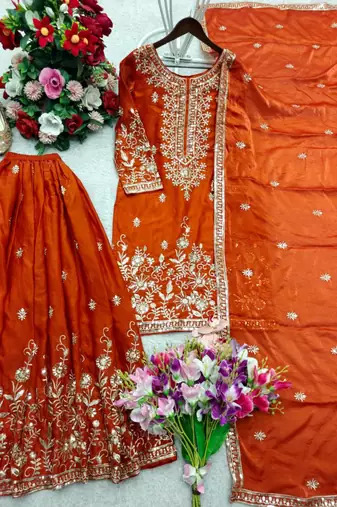 Orange silk blend embroidered sharara set