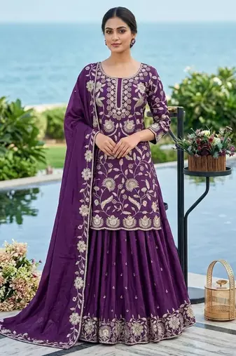 Purple silk blend embroidered palazzo set