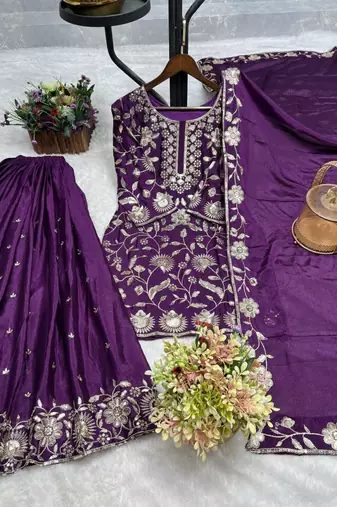 Purple silk blend embroidered palazzo set