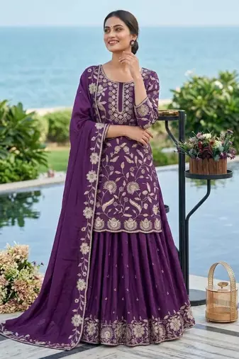 Purple silk blend embroidered palazzo set