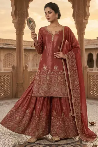 Light-red silk blend embroidered palazzo set