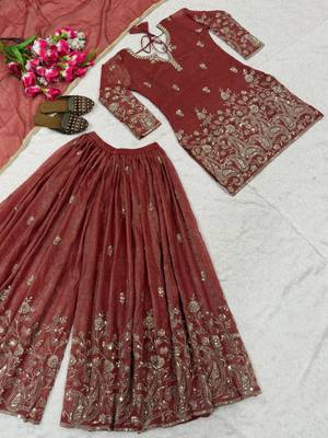 Light-red silk blend embroidered palazzo set 3