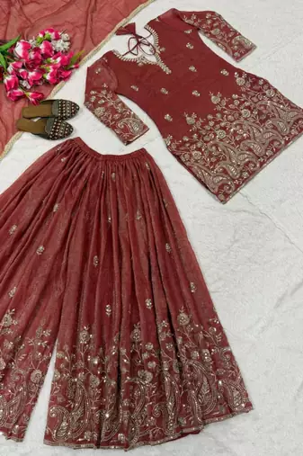 Light-red silk blend embroidered palazzo set