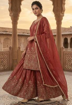 Light-red silk blend embroidered palazzo set 4
