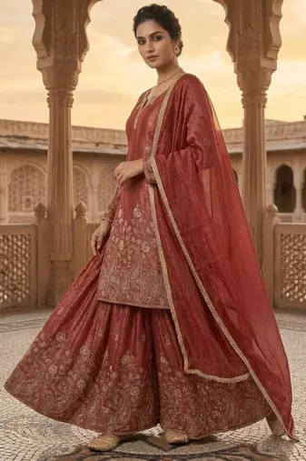 Light-red silk blend embroidered palazzo set