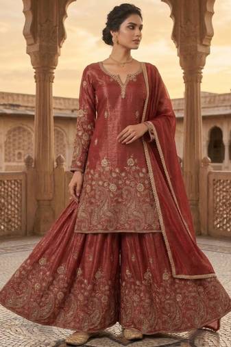 Light-red silk blend embroidered palazzo set