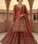 Light-red silk blend embroidered palazzo set