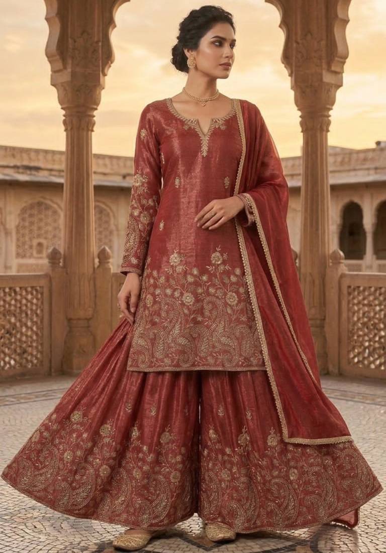 Light-red silk blend embroidered palazzo set