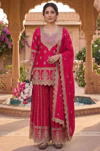 Red silk blend embroidered palazzo set