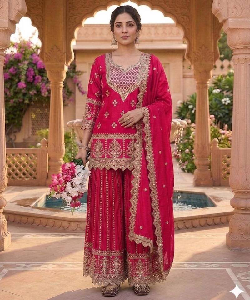 Red silk blend embroidered palazzo set