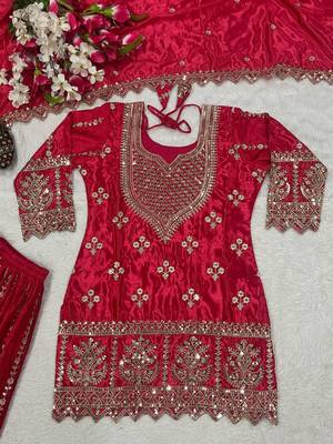 Red silk blend embroidered palazzo set 2