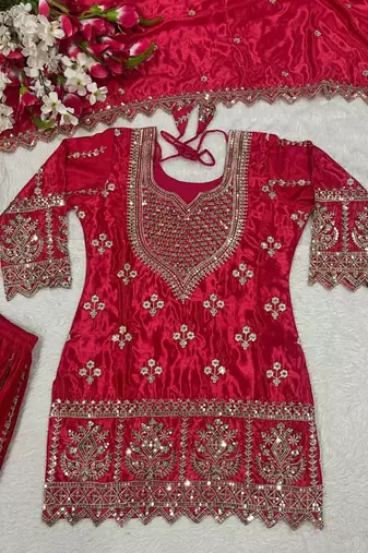 Red silk blend embroidered palazzo set