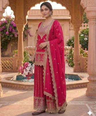 Red silk blend embroidered palazzo set 3