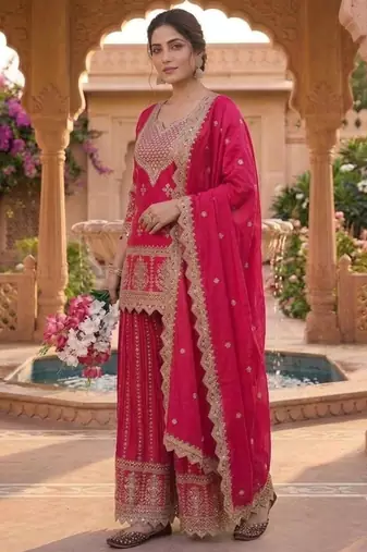 Red silk blend embroidered palazzo set