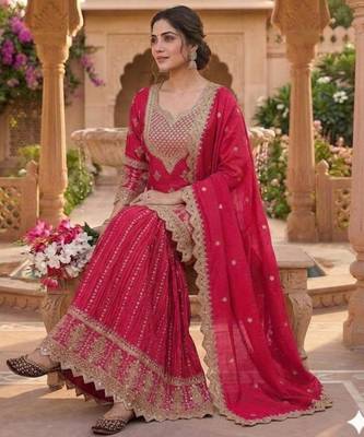 Red silk blend embroidered palazzo set 4