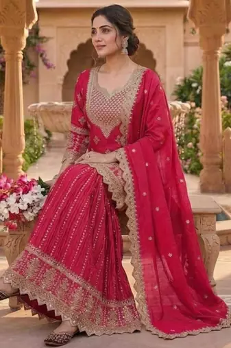Red silk blend embroidered palazzo set