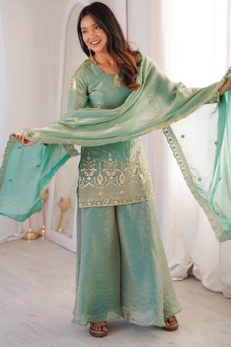 Aqua-blue silk blend embroidered palazzo set