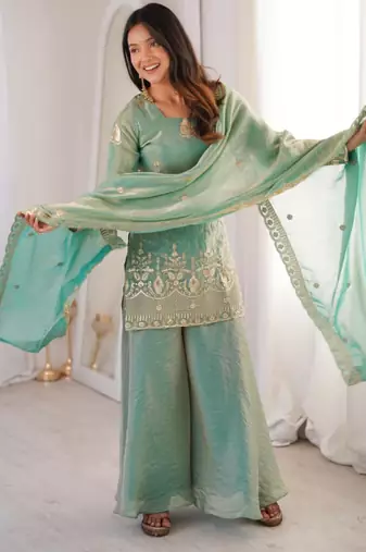 Aqua-blue silk blend embroidered palazzo set