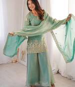 Aqua-blue silk blend embroidered palazzo set