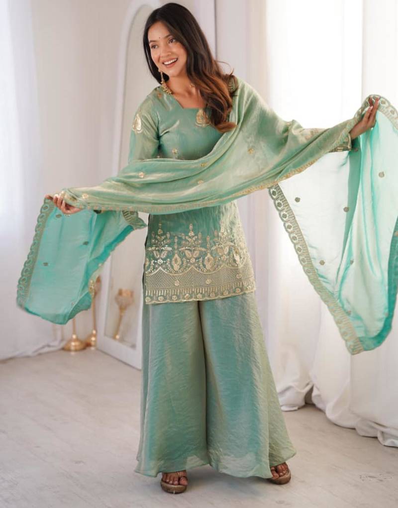 Aqua-blue silk blend embroidered palazzo set