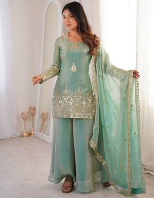 Aqua-blue silk blend embroidered palazzo set 2