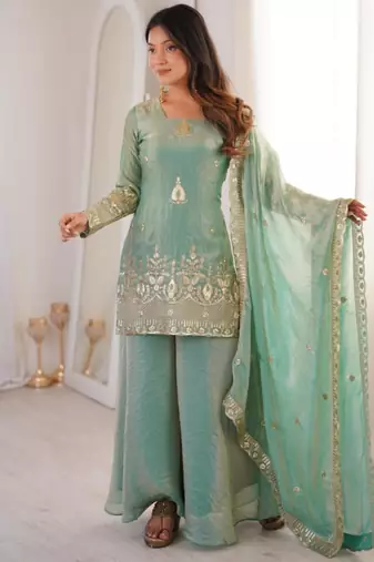 Aqua-blue silk blend embroidered palazzo set