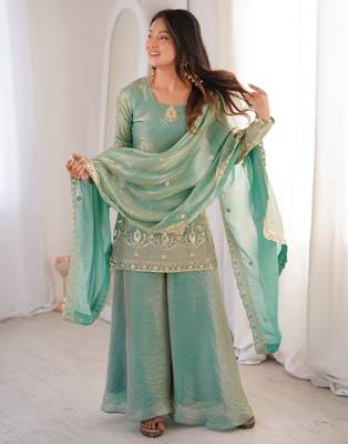Aqua-blue silk blend embroidered palazzo set 3