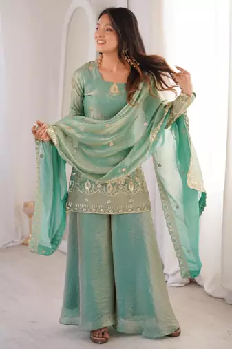 Aqua-blue silk blend embroidered palazzo set